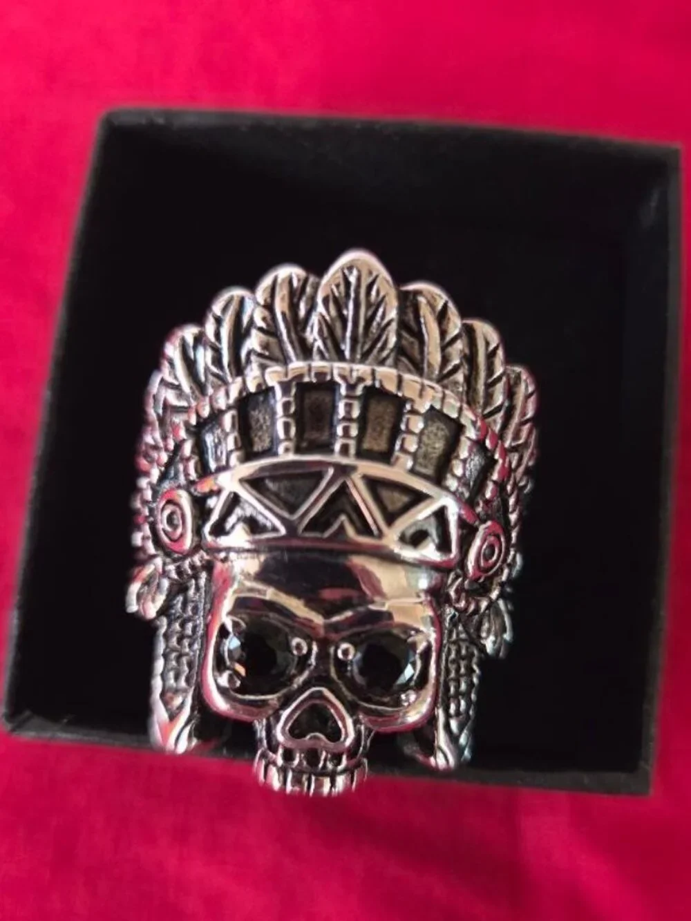 Native American Chief Skull Ring Size 14, CZ Eyes, Indian Head Skull Ring Mens